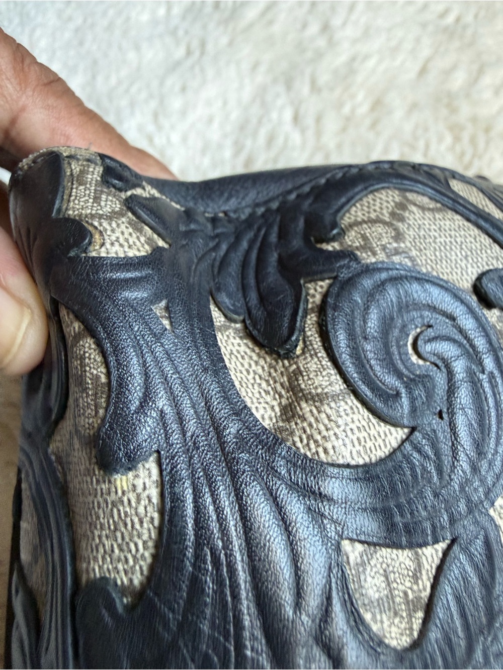 Gucci Preloved Black GG Supreme Arabesque Tooled Floral Leather Accent Satchel - Picture 14 of 17